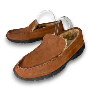 Staheekum Mens Size 12 Curbside Slippers Wheat Brown Leather Faux Fur Lined